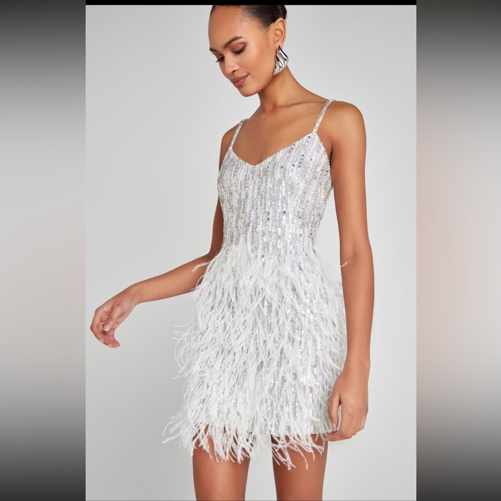 White & silver Sequin and Feather Dress - Picture 3 of 11